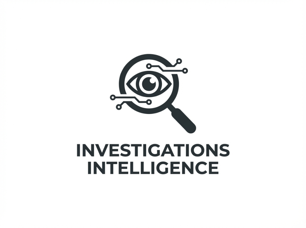 Magnifying glass with an eye and circuit lines, text "INVESTIGATIONS INTELLIGENCE"