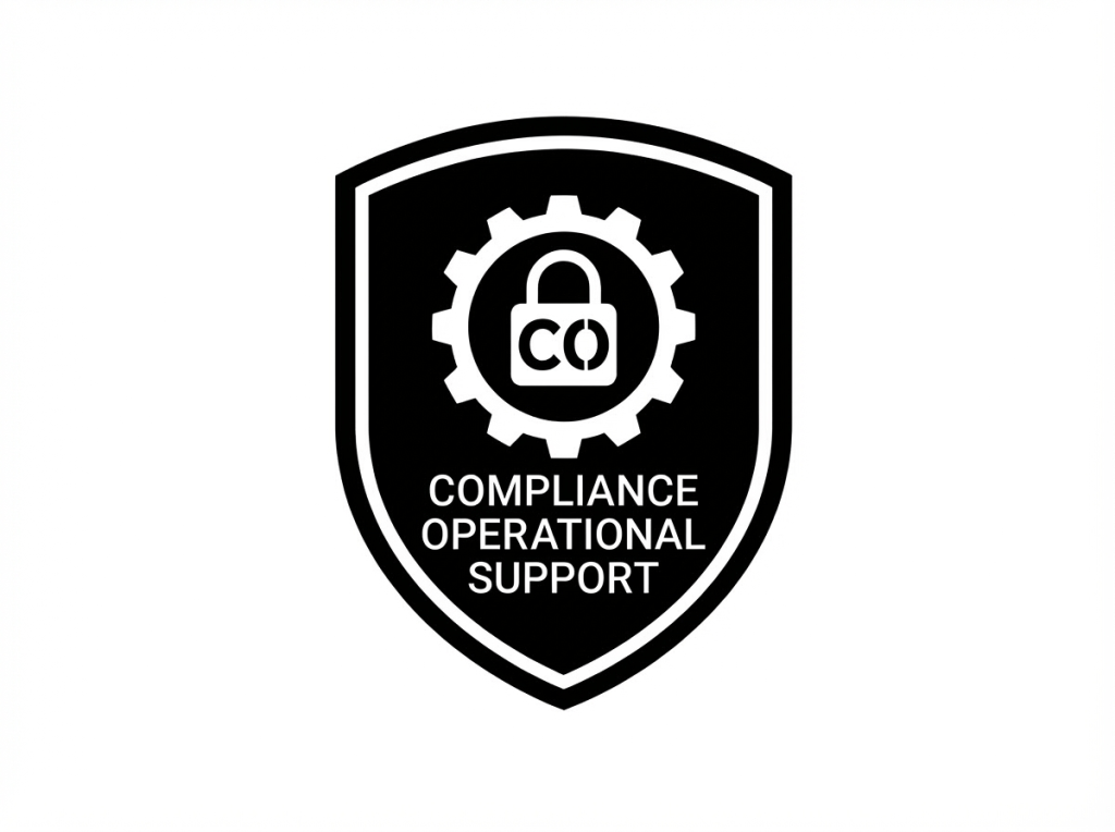 Tactical vest patch with gear and padlock icons, text CO and COMPLIANCE OPERATIONAL SUPPORT.